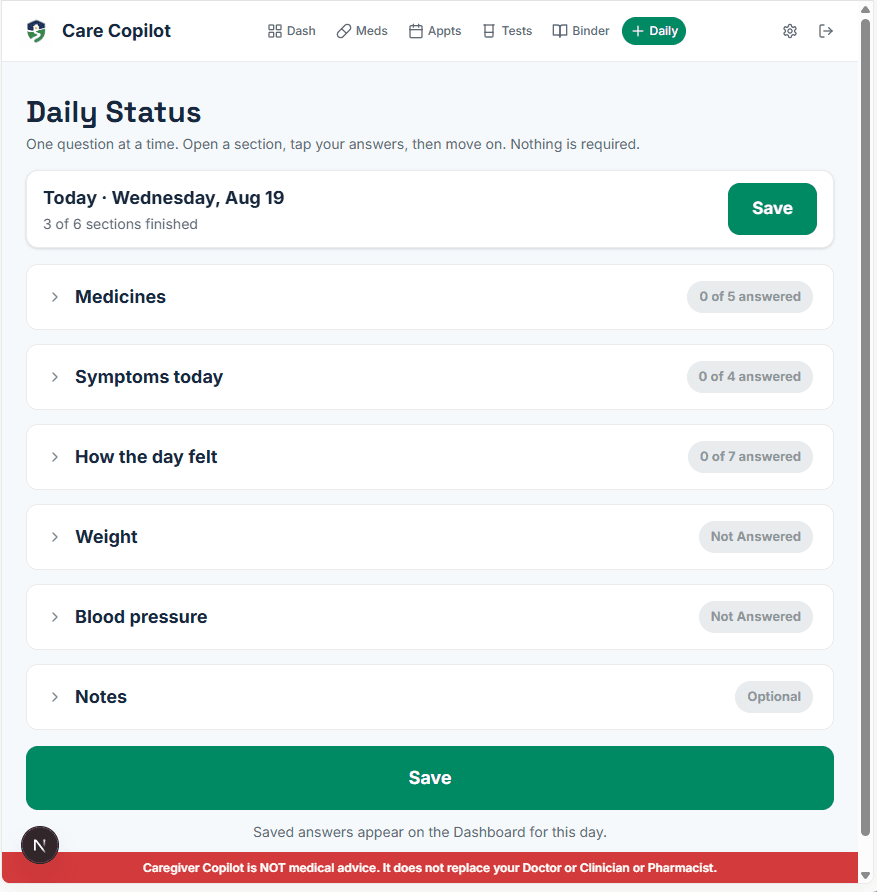 Three phone screens showing the elder check-in flow: a morning welcome screen, a how-are-you-feeling question with three options, and a completion confirmation